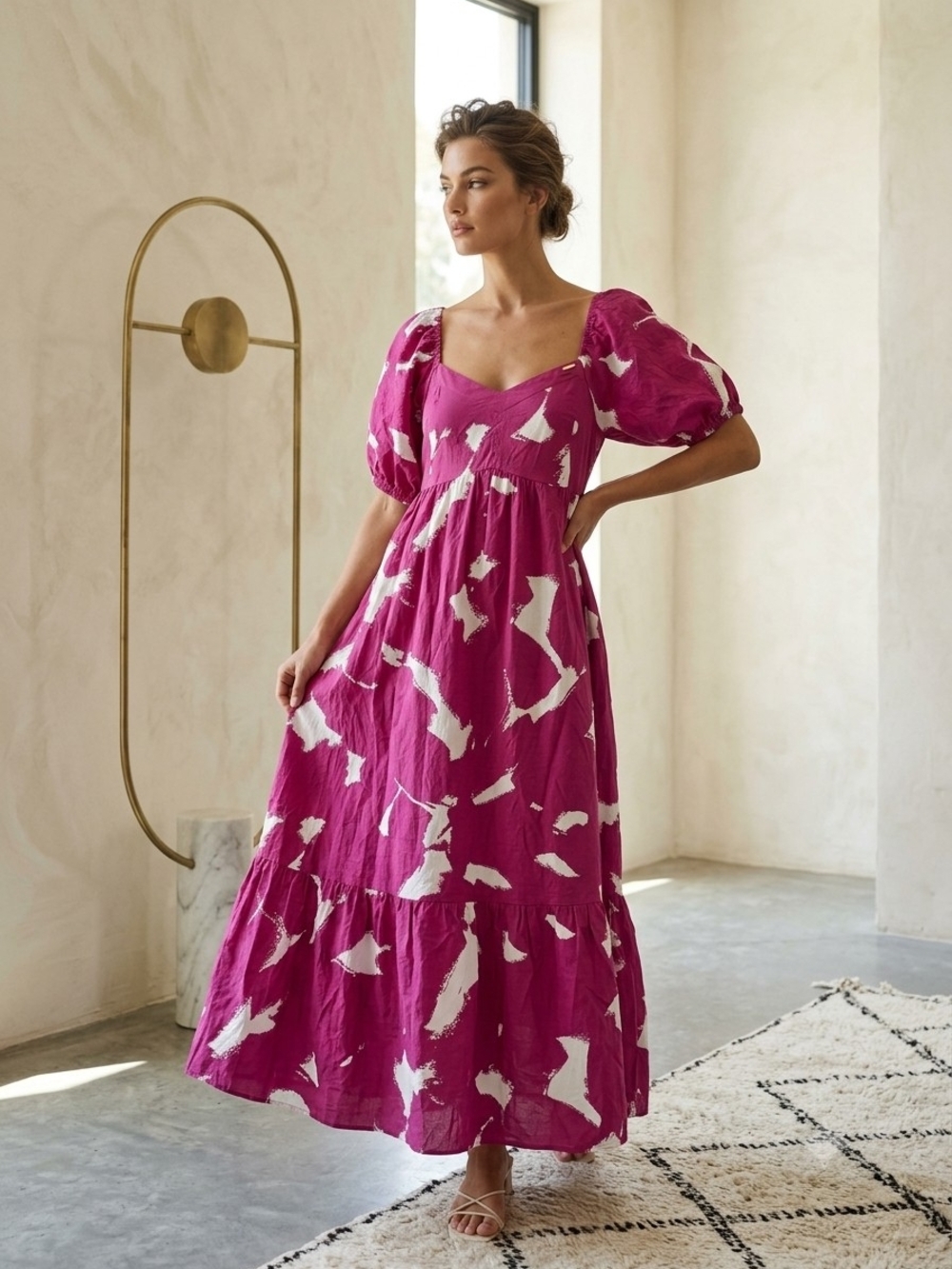 Nine West Magenta Puff-Sleeve Maxi Dress with White Abstract Print NWOT
